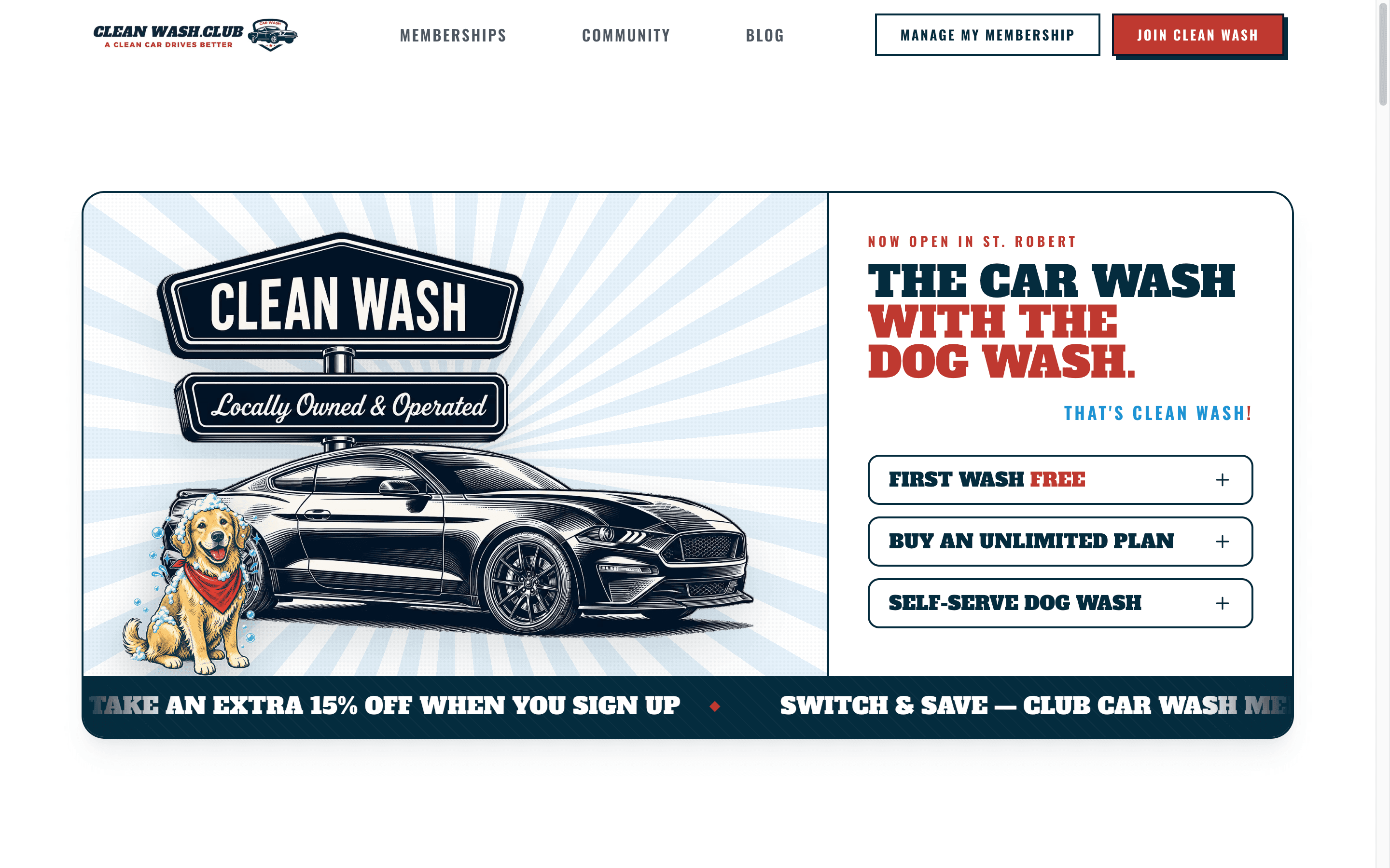 The live Clean Wash Club homepage, a car wash site built by Shipyard