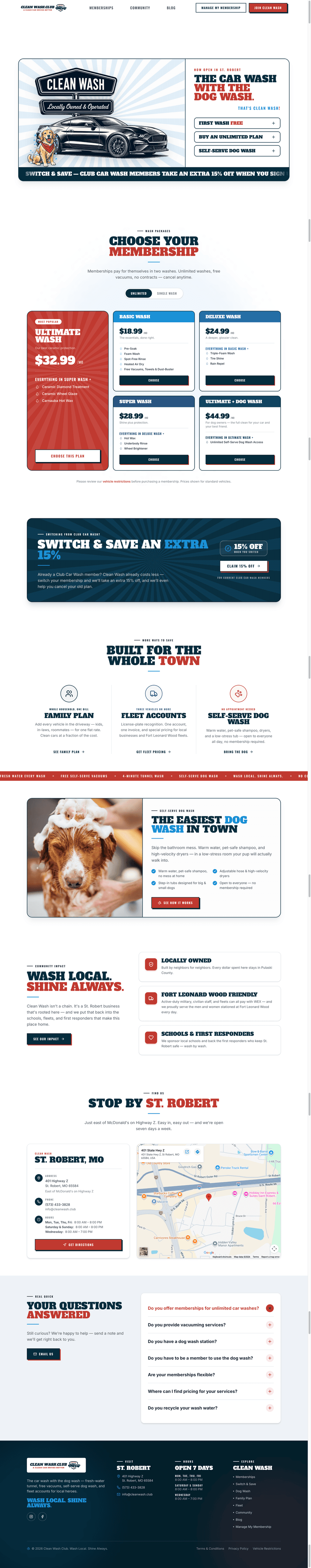 The full Clean Wash Club homepage built by Shipyard, hero through footer